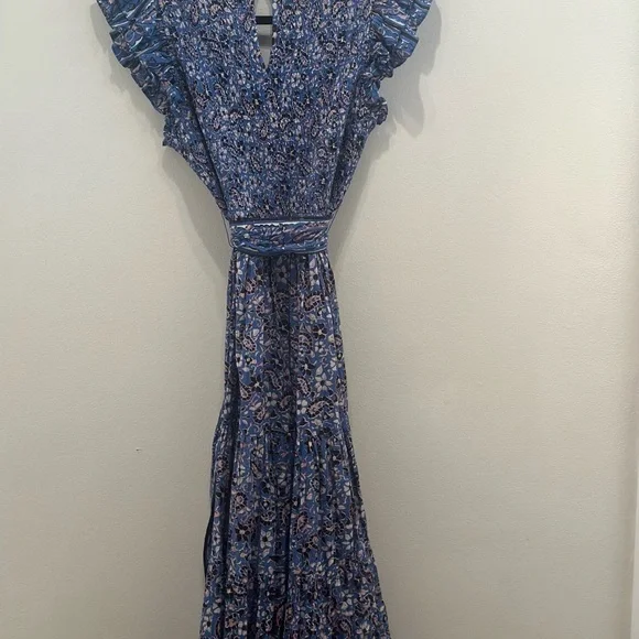 Women’s Cleobella Organic Cotton Blue Midi Dress Flutter Sleeves Size Large - Picture 3 of 5